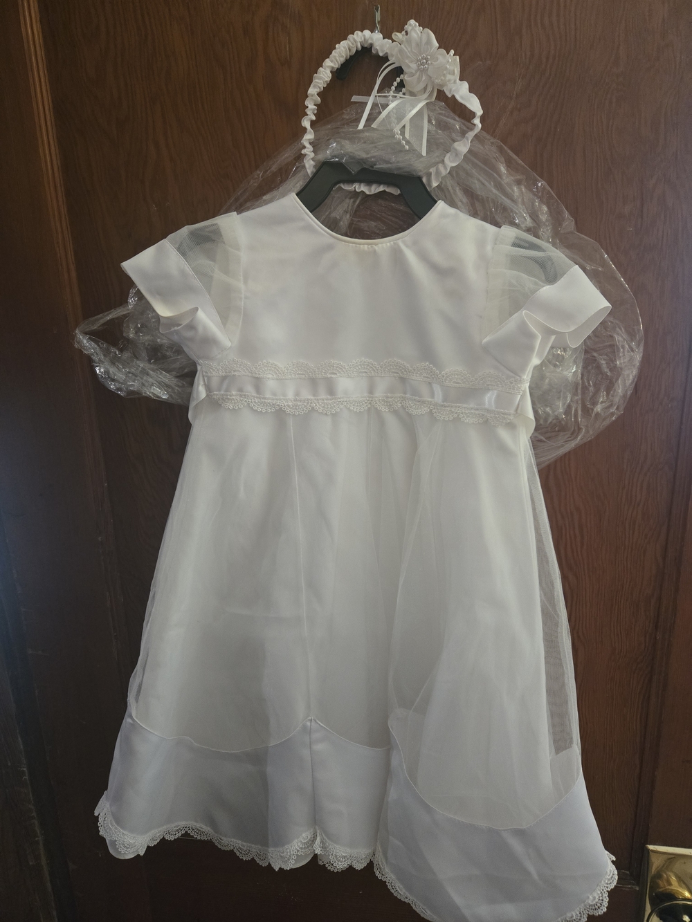 White Girls' Satin & Organza Baptism Baby Dress 12-18 Month